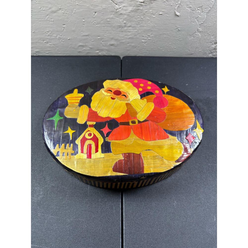 Vtg Santa Trinket Box Lamenated Night Stars Black Stripes Keepsake